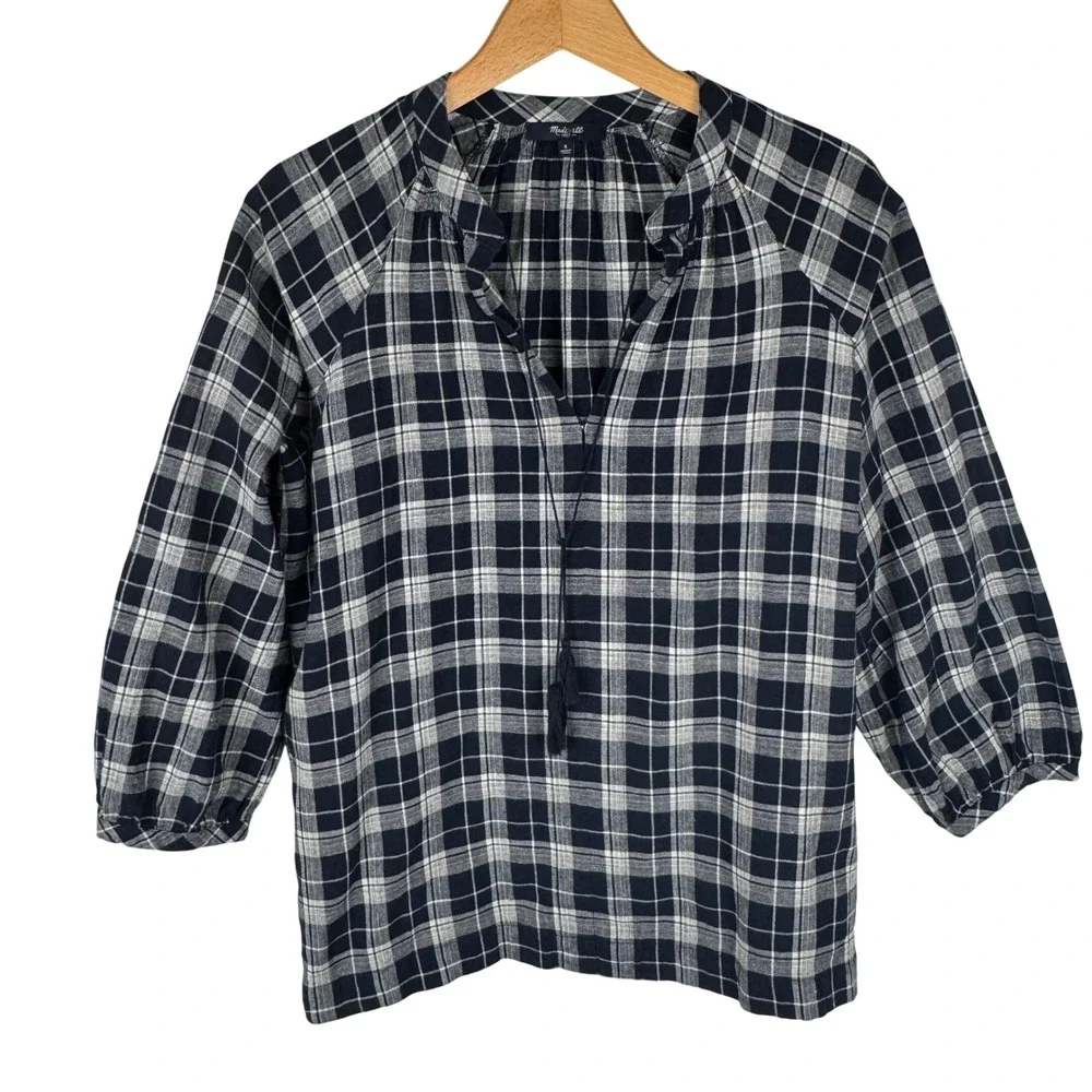 Madewell Plaid Cotton Linen Blouse Top Womens‎ S Navy Blue White Tassel Tie